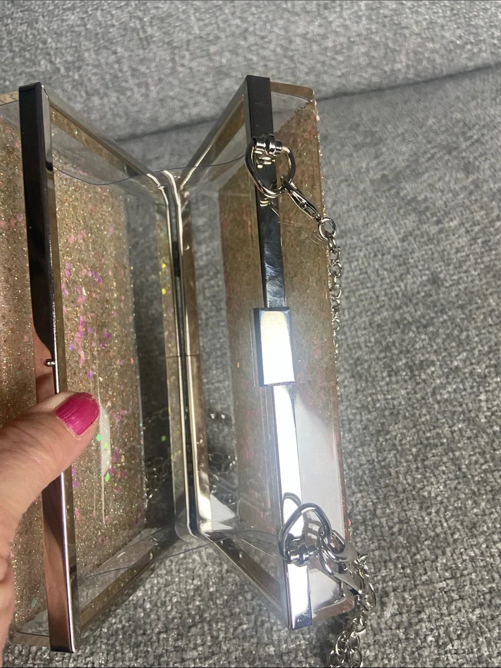 Glitter Evening Clutch Bag with Chain Strap - Champagne